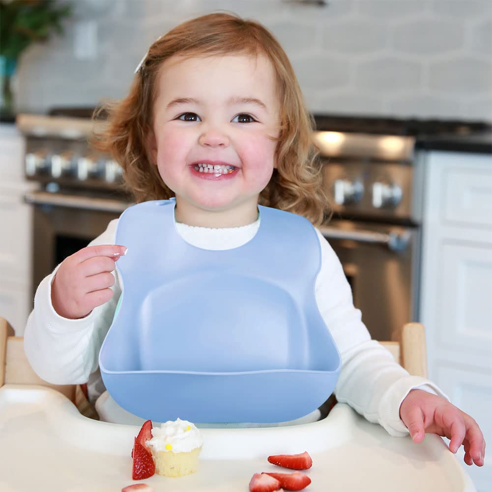Vicloon Silikon Baby Lätzchen, 2 Stück Baby Lätzchen mit Auffangschale, BPA Frei, Einfache Reinigung, Wasserdicht Silikon-lätzchen für Jungen Mädchen, Kaninchen-Einhorn（Rosa）