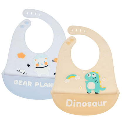 Vicloon Silikon Baby Lätzchen, 2 Stück Baby Lätzchen mit Auffangschale, BPA Frei, Einfache Reinigung, Wasserdicht Silikon-lätzchen für Jungen Mädchen, Kaninchen-Einhorn（Rosa）