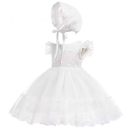 Baby Girl White Christening Dress with Hood Newborn Christening Dress Lace Dress for Wedding Birthday