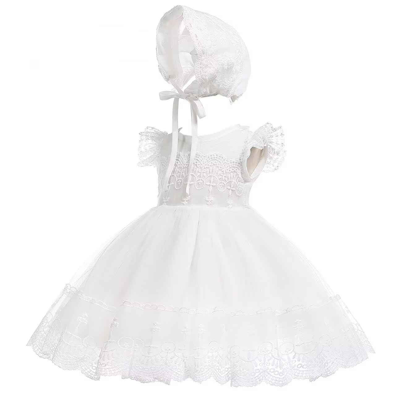 Baby Girl White Christening Dress with Hood Newborn Christening Dress Lace Dress for Wedding Birthday