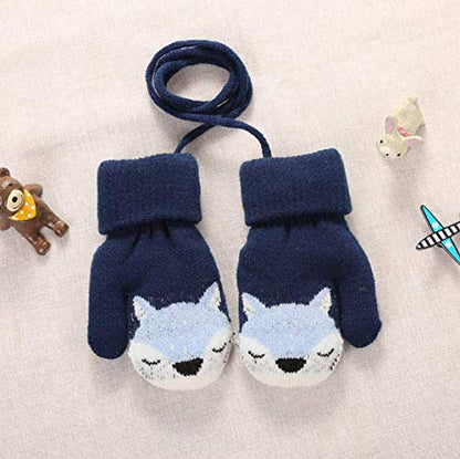 Kids Winter Gloves Mittens Baby Cartoon Mitten Neck Gloves Thick Double Knitted Glove with Plush,0 - 3 years old, Playing, Running, Skiing