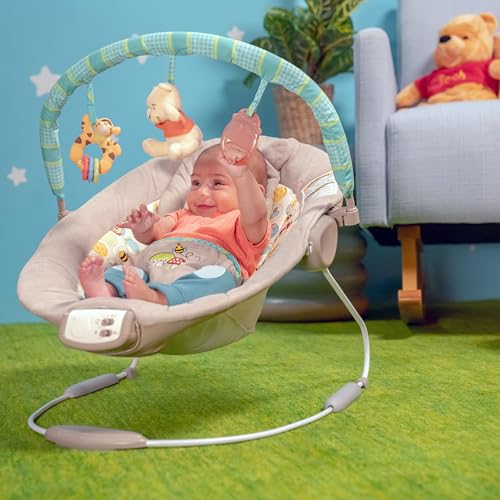 Bright Starts, Disney Baby, Winnie the Pooh Babywippe Babyschaukel mit Vibrationen, Automatischer Ausschaltfunktion, Melodien, Lautstärkeregler, Abnehmbarer Kopfstütze und Spielbogen