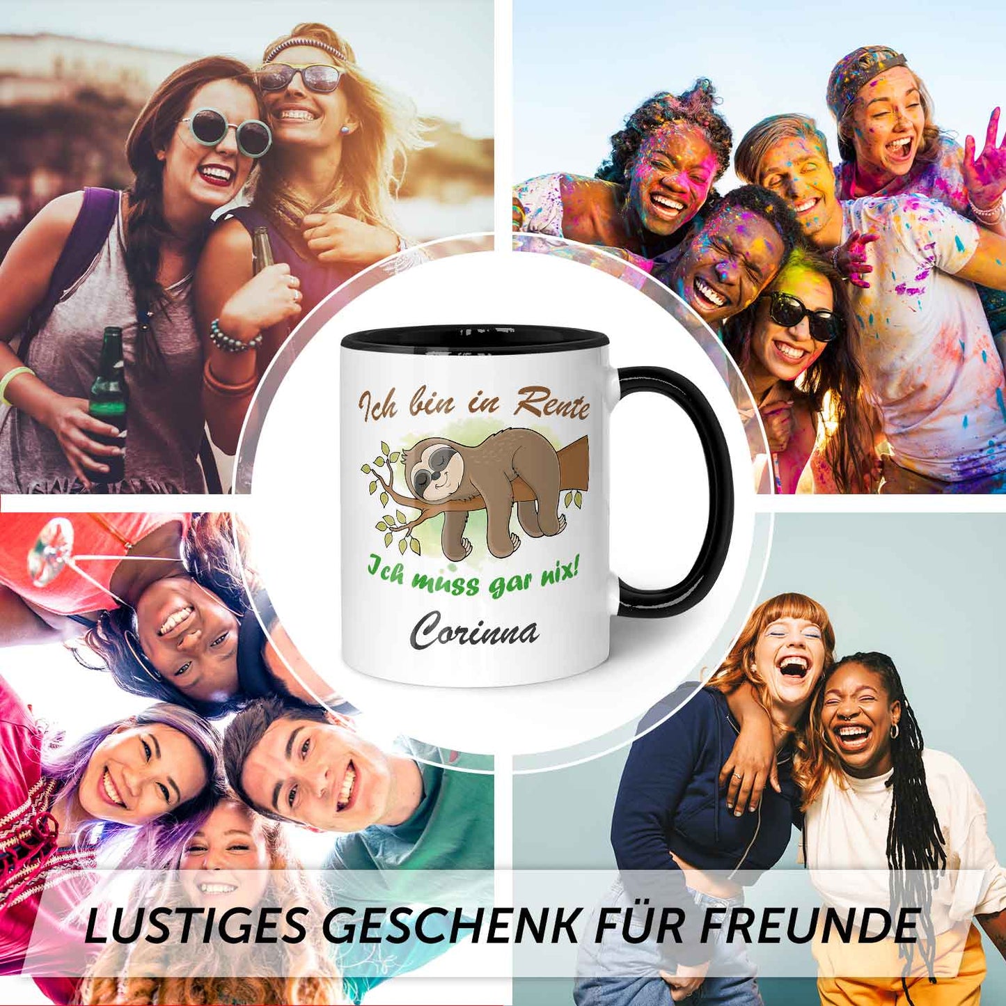 Bedruckte Tasse Faultier in Rente - Personalisiert mit Name