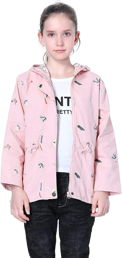 SXSHUN Girls' Windbreaker Jacket with Hood and Floral Embroidery, Hooded Trench Coat