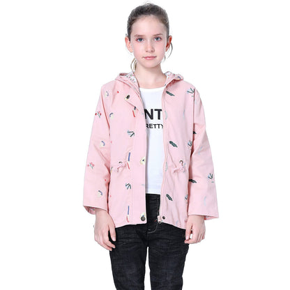 Mädchen Windjacke Mit Kapuze Und Blumenstickerei Trenchcoat Kapuzenmantel