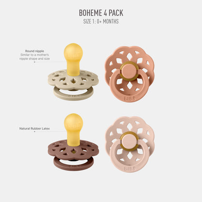 BIBS Boheme Schnuller 4er-Pack. BPA-frei, Kirschform Nippel. Naturkautschuk/Latex, Hergestellt in Dänemark. Größe 1/2, (0-6 Monate/6-18 Monate), (4er Pack), Vanilla Mix - Meloni2