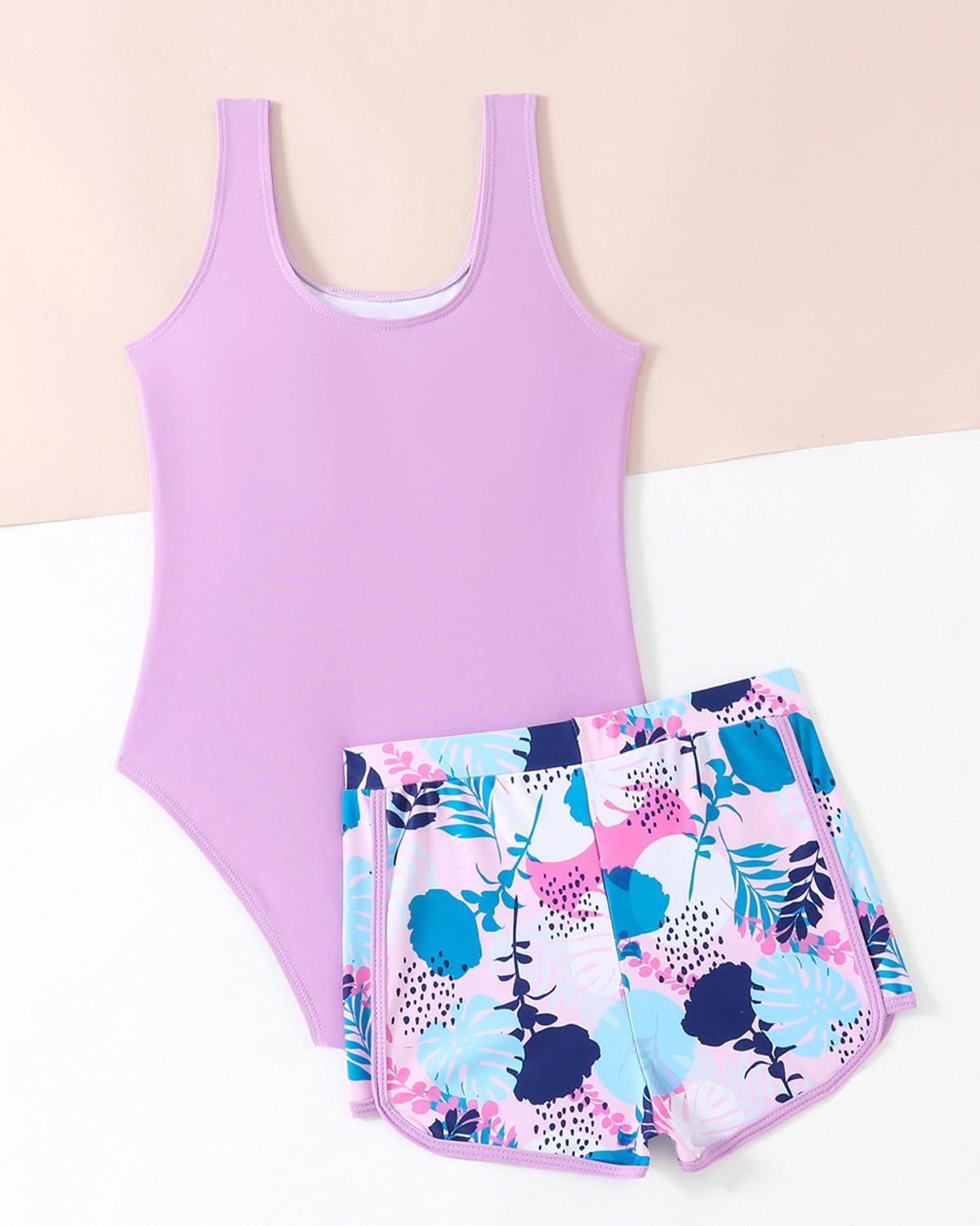 WYTbaby Badeanzug Mädche Einteiler Uv Badebekleidung ärmellose Bademode mit Shorts Tropischer Druck für Mädchen 7-14 Jahre