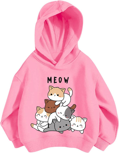 Pullover Mädchen Hoodie Niedlicher Katzen-Druck Lässig Locker Kapuzenpullover Frühling Herbst Langarm Pullover Sweatshirt mit Kapuzen Langarmshirt Oberteile für 3-12 Jahre