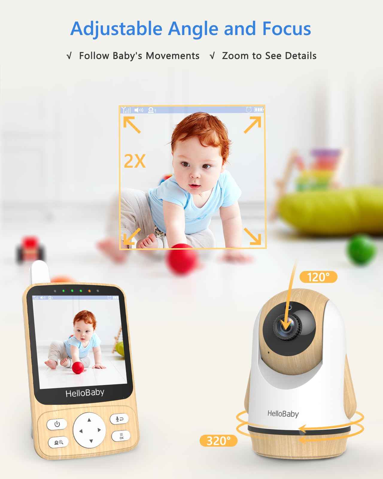 HelloBaby Baby Monitor with Camera, 29 Hours Battery Life, 355°/120° Baby Monitor with Remote Controlled Pan-Tilt Camera, 2x Zoom, Infrared Night Vision Camera, Eco Mode, Up to 305 m, 2-Way Audio