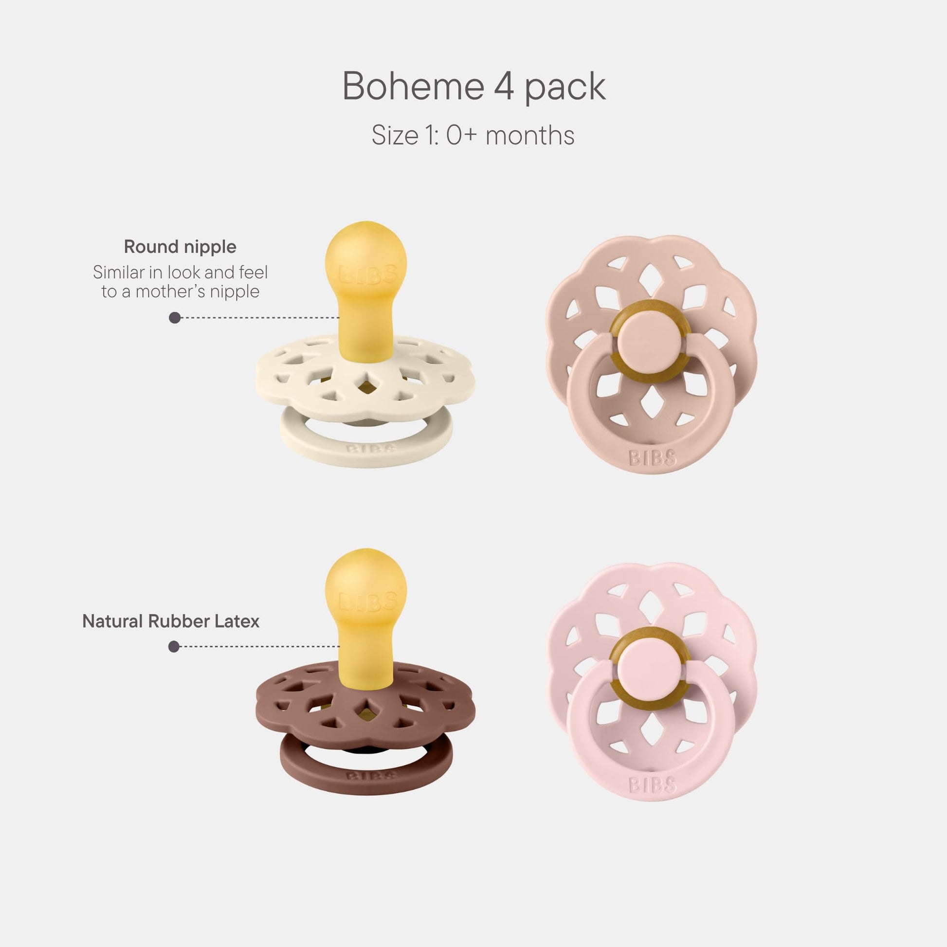 BIBS Boheme Schnuller 4er-Pack. BPA-frei, Kirschform Nippel. Naturkautschuk/Latex, Hergestellt in Dänemark. Größe 1/2, (0-6 Monate/6-18 Monate), (4er Pack), Vanilla Mix - Meloni2
