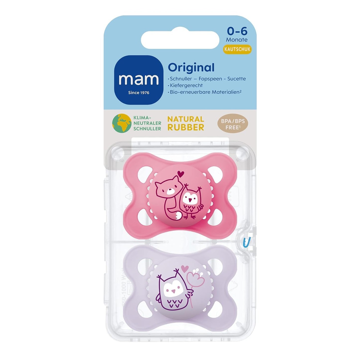 MAM Original Latexschnuller im 2er-Set, Schnuller aus nachhaltigen, bio-erneuerbaren Materialien, Baby Schnuller mit symmetrischem & kiefergerechtem Sauger, 0-6 Monate, Hase/Reh - Meloni2