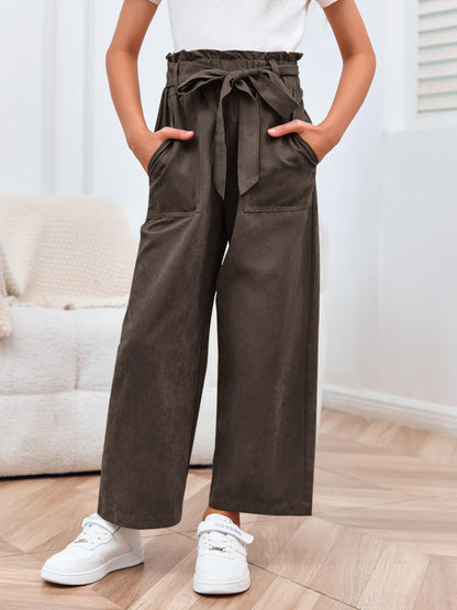 Haloumoning Mädchen Weite Hose Palazzo Hohe Taille Mode Bootcut Elastische Paperbag Freizeithose mit Gürtel