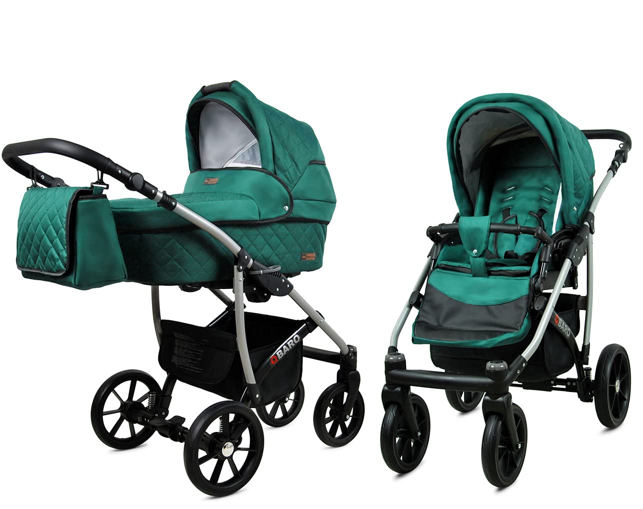 BabyLux® Bambimo Qbaro 3-in-1 Pushchair Set Including Baby Carrycot, Buggy Sports Seat, Car Seat - Car Seat - Pram Set - Combination Pram with Changing Bag, Rain Cover etc. 