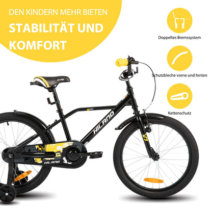Hiland 12/14/16/20 Zoll Kinderfahrrad, Jungen Fahrrad für 3-10 Jahre, mit Stützrädern, Kinderfahrrad mit Handbremse und Rücktrittbremse, Schwarz/Grün/Blau/Orange