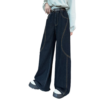 Rolanko Girls' Jeans Trousers with Hole, Denim Blue Jeans, Vintage Trousers With Wide Leg for Children