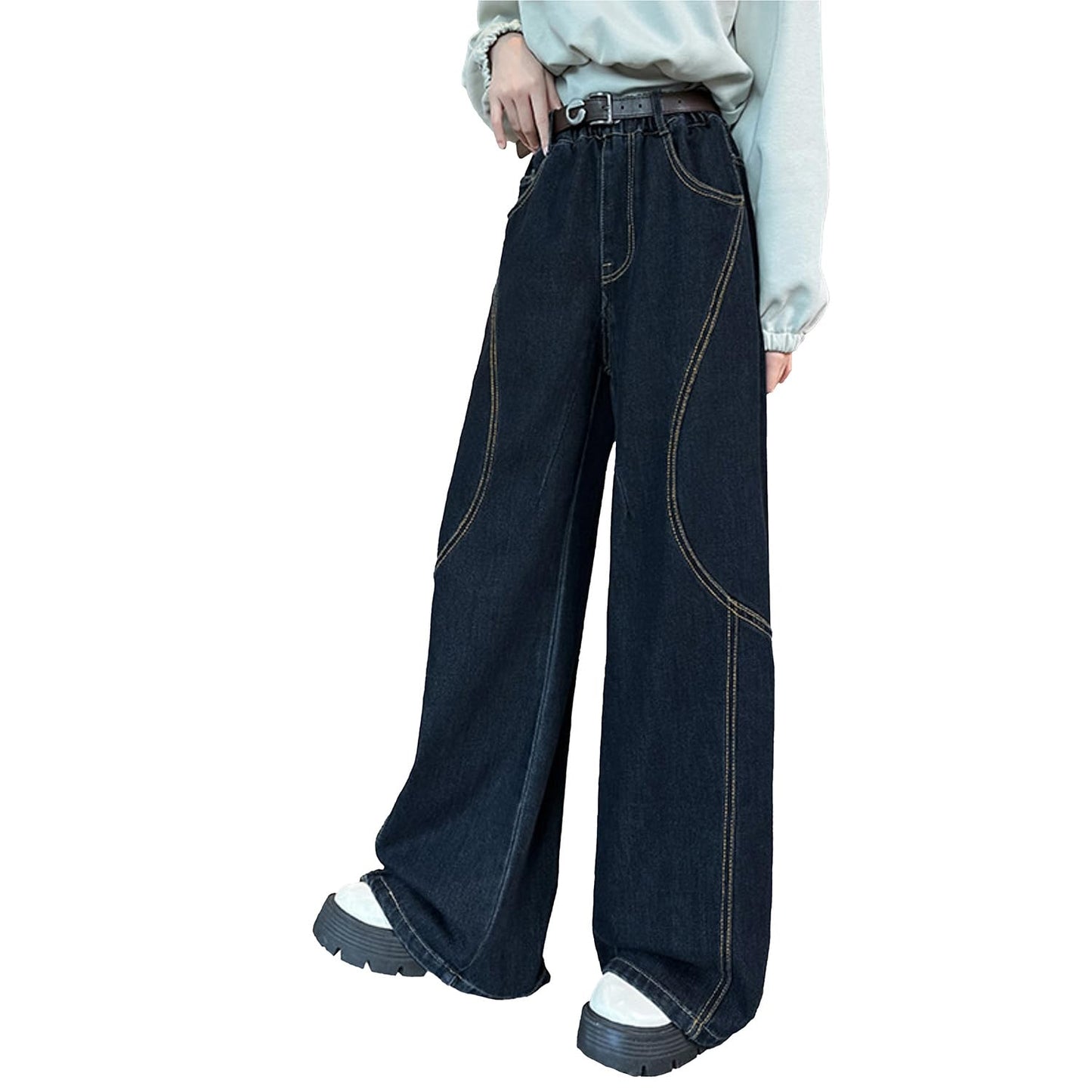 Rolanko Girls' Jeans Trousers with Hole, Denim Blue Jeans, Vintage Trousers With Wide Leg for Children