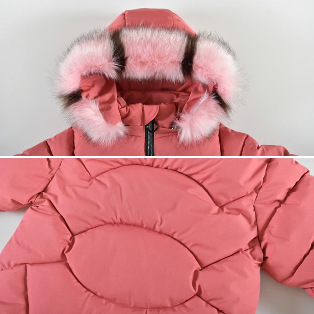 linboo Girls' Winter Jacket Children's Winter Coat Thick Quilted Jacket Long Warm Parka Cotton Jacket Outdoor Coat with Fur Hood and Love Embroidery Print