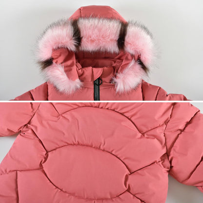 linboo Girls' Winter Jacket Children's Winter Coat Thick Quilted Jacket Long Warm Parka Cotton Jacket Outdoor Coat with Fur Hood and Love Embroidery Print