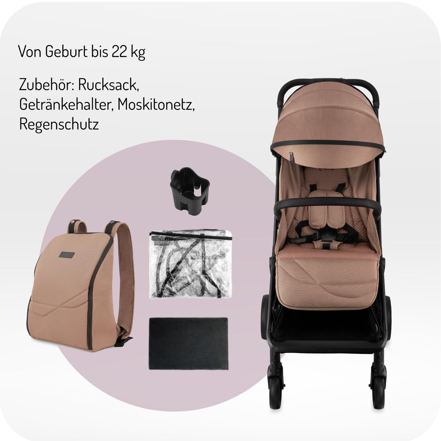 MoMi Kinderwagen ANDREA mit automatischem Faltsystem, bis 22 kg Körpergewicht, 5-Punkt-Sicherheitsgurt, Getränkehalter, Einkaufskorb, Tasche, Insekten- und Regenschutz, mit Zwillingsfunktion