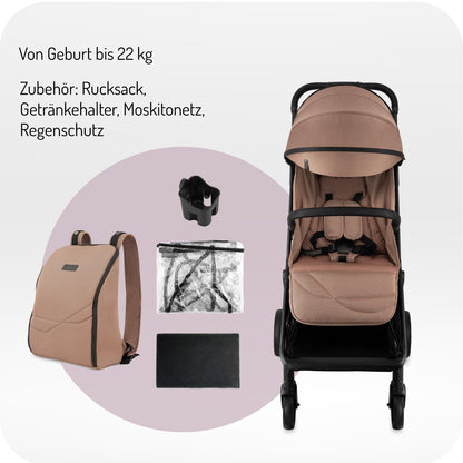 MoMi Kinderwagen ANDREA mit automatischem Faltsystem, bis 22 kg Körpergewicht, 5-Punkt-Sicherheitsgurt, Getränkehalter, Einkaufskorb, Tasche, Insekten- und Regenschutz, mit Zwillingsfunktion