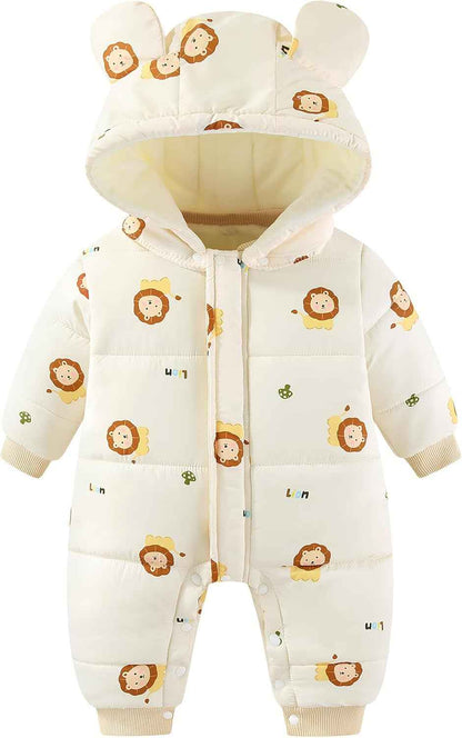 JiAmy Baby Snowsuit, Toddler Winter Romper Girls Boys Winter Jumpsuit with Hood Long Sleeve Jumpsuit Cute Prints for 3-24 Months