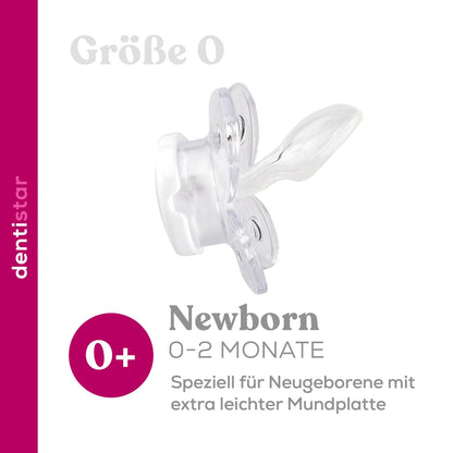 Dentistar® Silikon Schnuller 2er-Set – Größe 0 für 0-2 Monate – Zahnfreundlicher & kiefergerechter Silikonschnuller mit Dental-Stufe – Beige mit Herz-Motiv – BPA-frei – Made in Germany