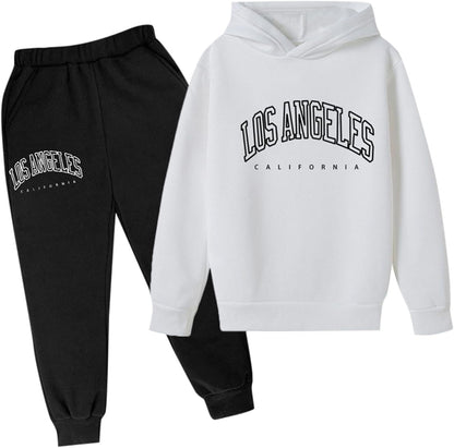 Los Angeles California Herbst-Outfit für Mädchen, 2-teilig, Kapuzenpullover, bequem, Kleinkind, Sweatsuits, Kapuzen-Sweatshirt, Sweathosen-Set, grafische Buchstaben, Sweatsuit-Set, lässige Jogginghose