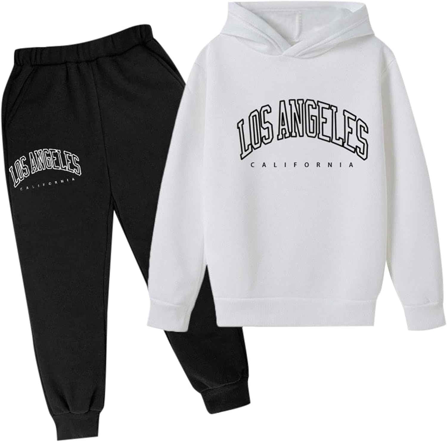 Los Angeles California Herbst-Outfit für Mädchen, 2-teilig, Kapuzenpullover, bequem, Kleinkind, Sweatsuits, Kapuzen-Sweatshirt, Sweathosen-Set, grafische Buchstaben, Sweatsuit-Set, lässige Jogginghose