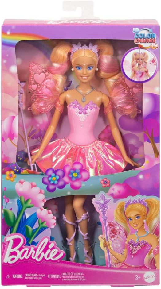 Mattel Barbie-Puppe Fee mit Spielzeugzauberstab und Mode-Accessoires, Fantasiethema mit Farbwechsel bei Flügeln und Outfit, JCP76, [Mehrfarbig]