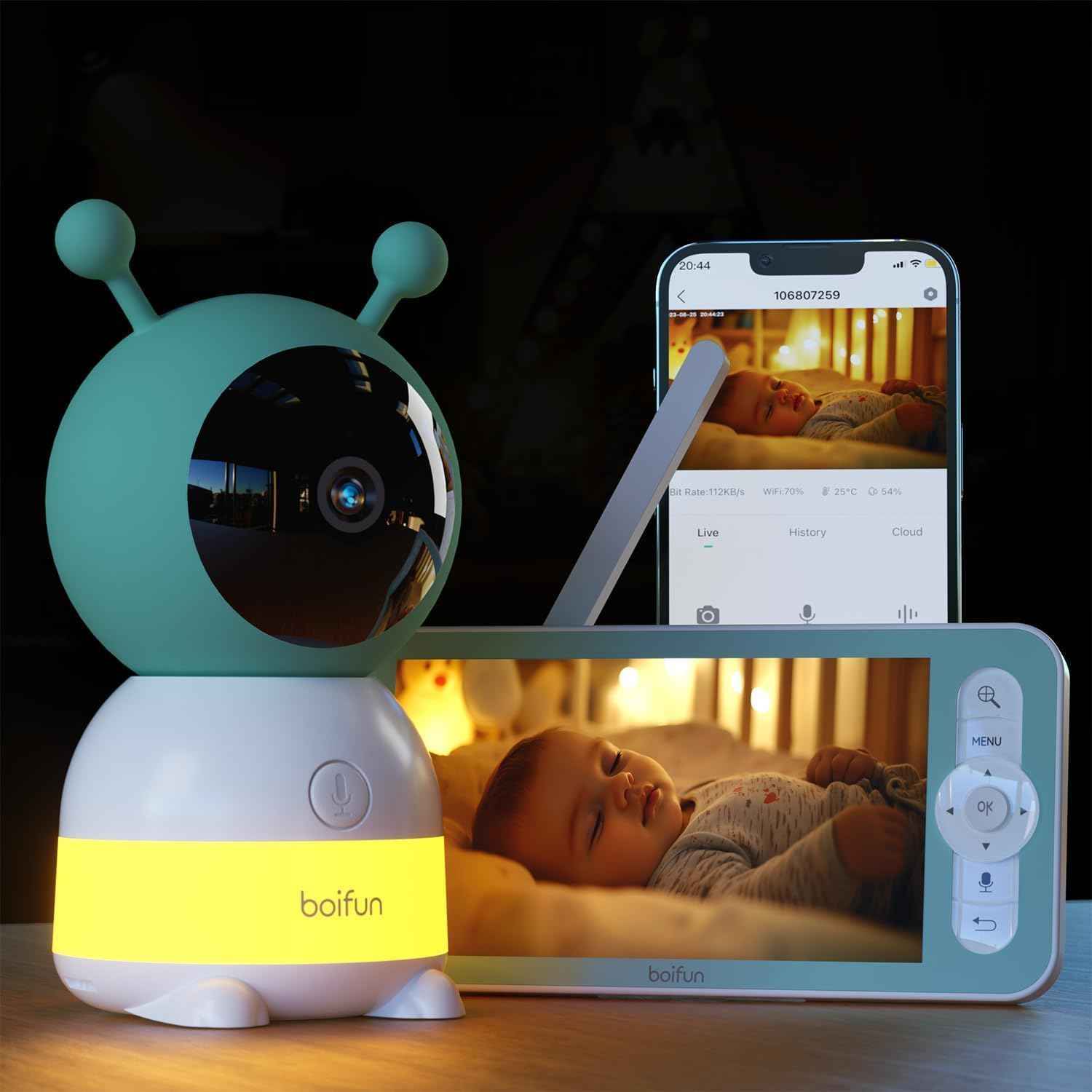 BOIFUN Babyphone mit Kamera 2K, 5-Zoll-Display, 360° PTZ, Nachtlicht | Nachtlicht, IR Nachtsicht, 360° Kamera, Handy, Weinen/Bewegungs/Geräuscherkennung, Bewegungsverfolgung, Temp&Feuchteerfassung