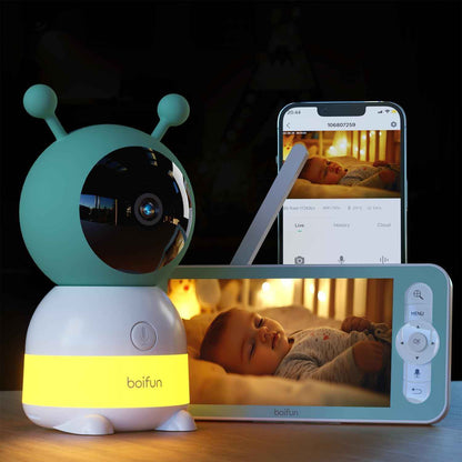 BOIFUN Babyphone mit Kamera 2K, 5-Zoll-Display, 360° PTZ, Nachtlicht | Nachtlicht, IR Nachtsicht, 360° Kamera, Handy, Weinen/Bewegungs/Geräuscherkennung, Bewegungsverfolgung, Temp&Feuchteerfassung