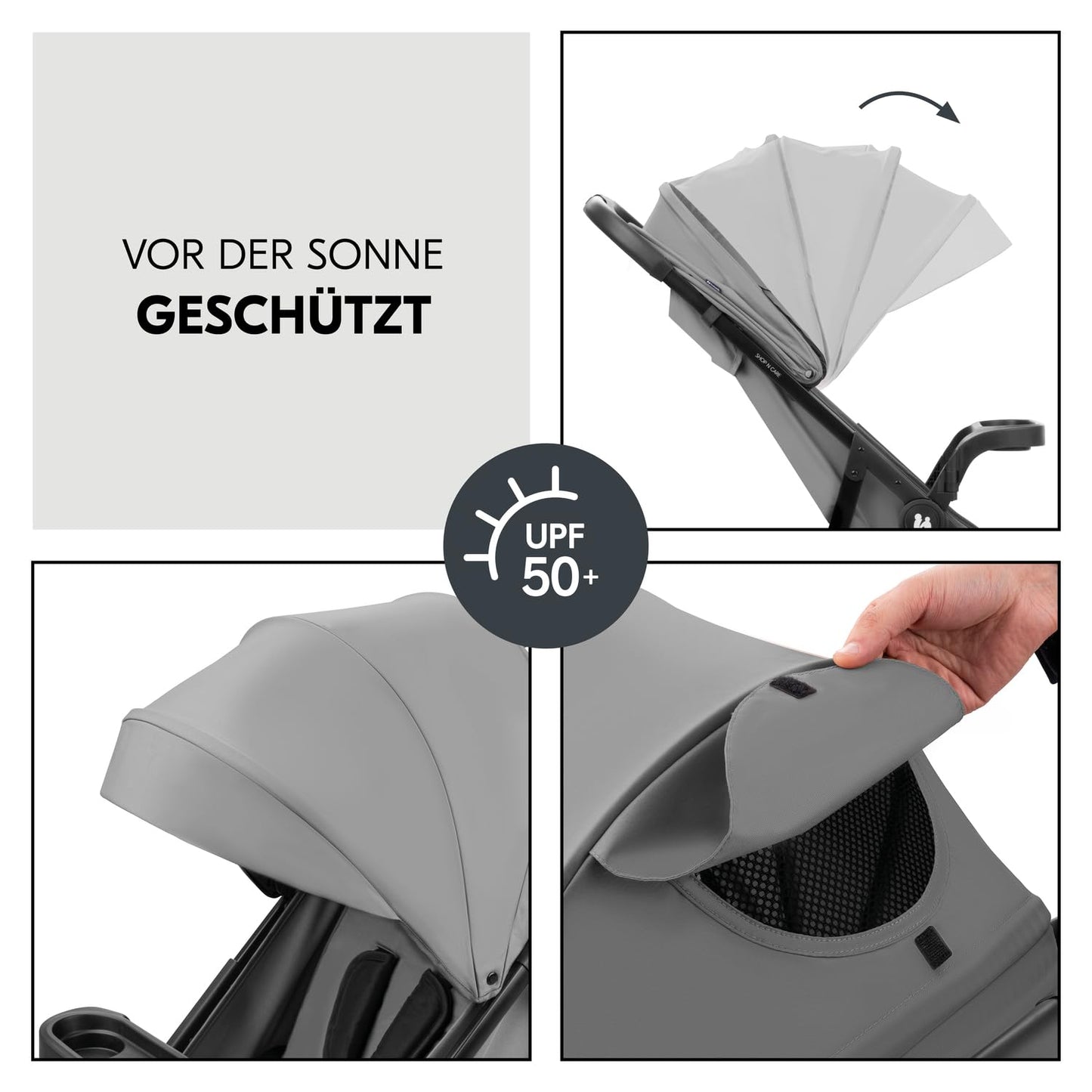 hauck 3in1 Kinderwagen Set Shop N Care Trio Set inkl. Buggy, Babywanne, Babyschale ab Geburt bis 22 kg, Klein Zusammenklappbar, Liegefunktion, Getränkehalter & Tablett, UV-Schutz 50+ (Grey)