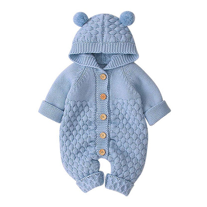 OBEEII Newborn Baby Knitted Romper Jumpsuit with Hood Ear Onesies Pullover Winter Warmer Onesie Bodysuit for Boys Girls