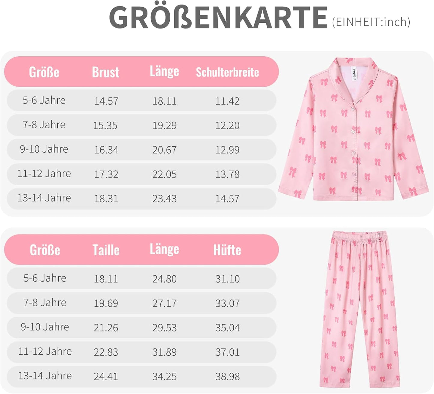 Pyjamas Mädchen Kinder, Süße Pyjama Sets, Satin Pyjamas für Mädchen 5-14 Jahre