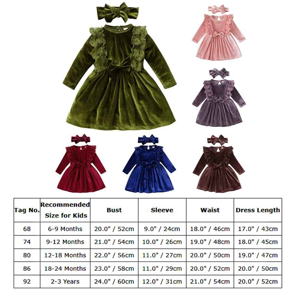 Baby Dress Girls Long Sleeve Lace A Line Princess Velvet Dress + Headband Wedding Festive Autumn Winter Clothing