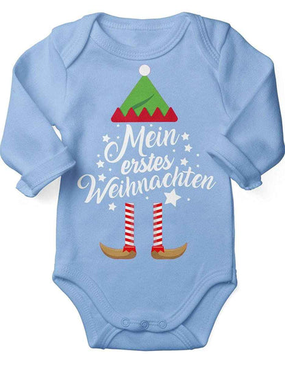 Mikalino Baby Bodysuit with Saying in German for Boys, Girls, Unisex, Long Sleeve, Mein erstes Weihnachten Saying (Christmas Elf), Hand Printed in Germany, Handmade with Love