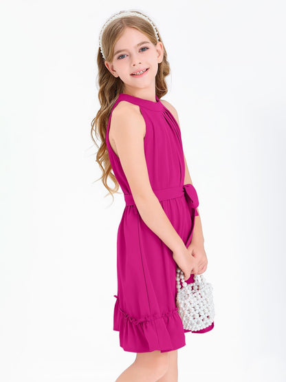 Halomoning Girls Dress Sleeveless Simple Classic Casual Knee Length for Kids Summer Princess Party Wedding Tie Waist A-Line 