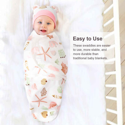 DRESHOW Neugeborene Swaddle Decke Hut Set Baby Gedruckt Swaddles Säugling Einstellbar Schlafsack für 0-3 Monate Mädchen Jungen