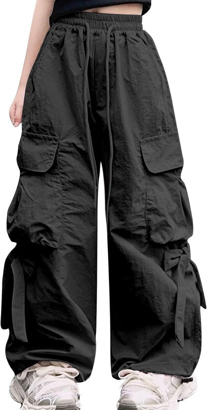 Cargo Hose Mädchen Freizeithose Baggy Hip Hop Hose mit Gummibund Schleife Leicht Dünn Sommerhose 4 Taschen Freizeit Streetwear Kinder 5-14 Jahre