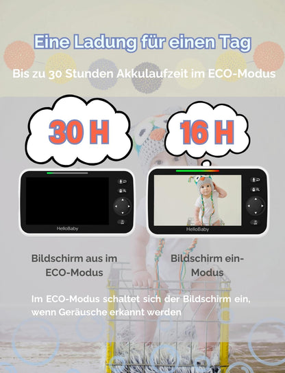 HelloBaby Babyphone mit Kamera, Kein WLAN, 5" IPS, HB6550, 3500 mAh | 355° Schwenken-120° Neige-Zoomen, Babyfone ohne WLAN, 2 Wege Audio, Temperatur, 8 Schlaflieder, Nachtsicht, Kabel-Kamera