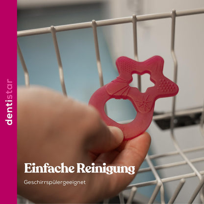 Dentistar Beißring 2er-Set – Teether für Babys & Kleinkinder ab 3 Monate – Baby Beißring mit Griff aus weichem Material zur Zahnungshilfe & Massage – Made in Germany – Pink & Lila