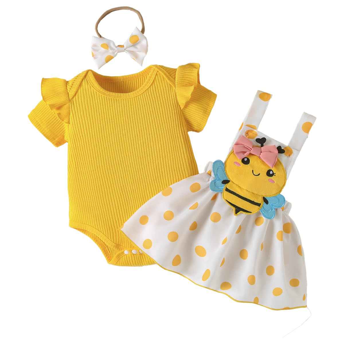 Neugeborenes Baby Mädchen Röcke Sets Kurzarm Rüschen Top + Bedrucktes Overalls Hosenträger Kleid + Stirnband Sommer Kleidung Outfits Set