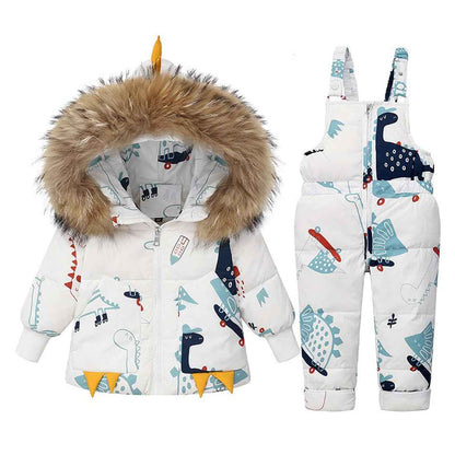 Printed Snowsuits for Baby Girls, 2-Piece Clothing Set, Winter Unisex Children's Down Jacket with Removable Fur Hood with Snow Dungarees, Boys and Girls, Ski Suit Clothing