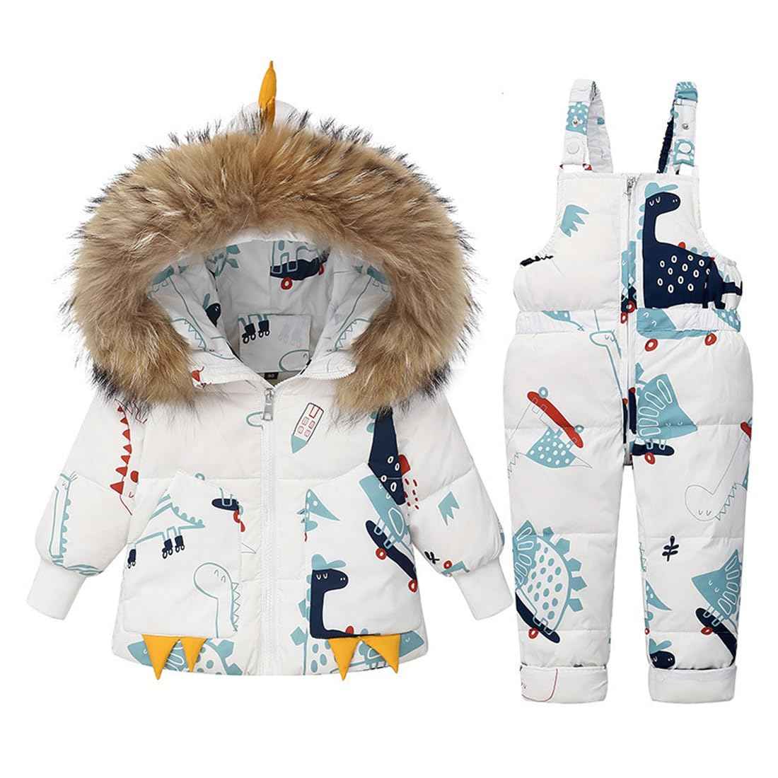 Printed Snowsuits for Baby Girls, 2-Piece Clothing Set, Winter Unisex Children's Down Jacket with Removable Fur Hood with Snow Dungarees, Boys and Girls, Ski Suit Clothing