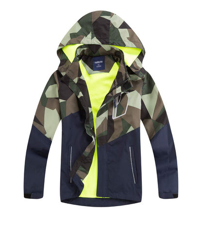 LAUSONS Children's Lined Rain Jacket Boys Camouflage Waterproof Jacket Lightweight Transition Jacket with Removable Hood 