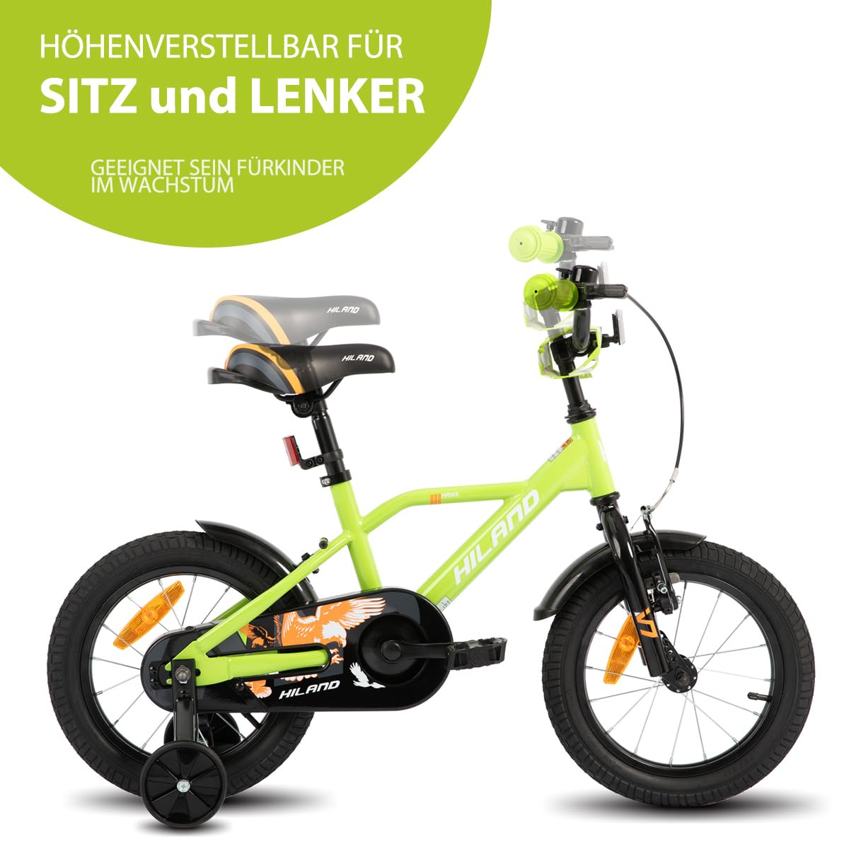 Hiland 12/14/16/20 Zoll Kinderfahrrad, Jungen Fahrrad für 3-10 Jahre, mit Stützrädern, Kinderfahrrad mit Handbremse und Rücktrittbremse, Schwarz/Grün/Blau/Orange - Meloni2