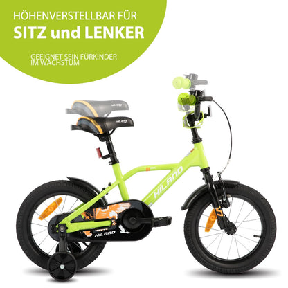 Hiland 12/14/16/20 Zoll Kinderfahrrad, Jungen Fahrrad für 3-10 Jahre, mit Stützrädern, Kinderfahrrad mit Handbremse und Rücktrittbremse, Schwarz/Grün/Blau/Orange - Meloni2