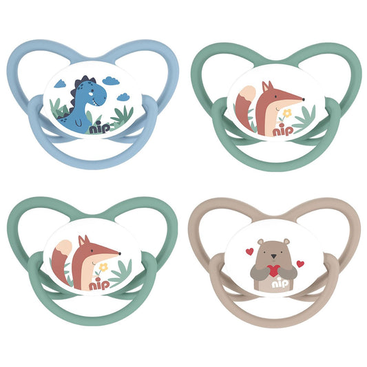 NIP Spar-Set Silikon Schnuller Butterfly 4er Pack, Größe 1 (0-6 Monate) beige/blau/grün, Extra flaches und weiches Saugteil aus Silikon, Kiefergerecht und Stillfreundlich, ab Geburt