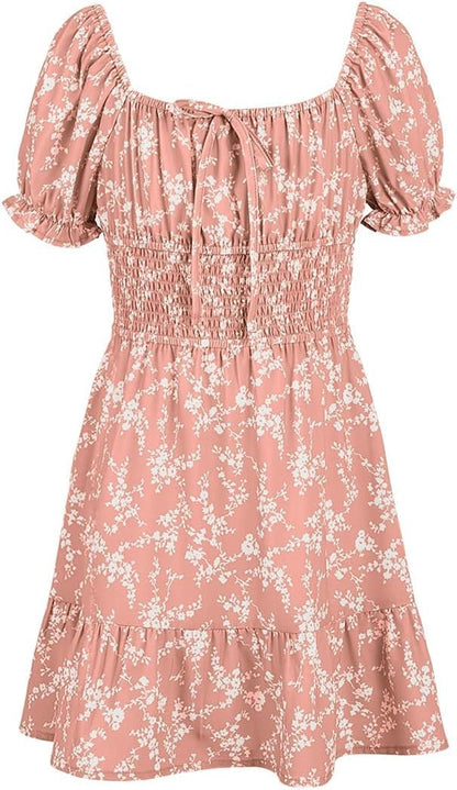 Haloumoning Girls Dresses Short Sleeve Summer Dress Kids Puffy Sleeve Floral Dress Square Neck A-Line Casual Dress Casual Party Wedding Festive Dress 