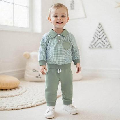 Kleinkind Baby Jungen Kleidung Outfits Langarm Turn-Down Kragen Plain / Checked Sweatshirt und Hose 2 Stück Herbst Winter Trainingsanzug Set
